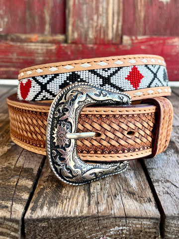 TACKRUS Belt Beaded in natural, white, black, red, featuring full-grain leather for durability, with poker-themed beading and a removable buckle - 26RS118. Available at Blair's Western Wear, Marble Falls, TX.
