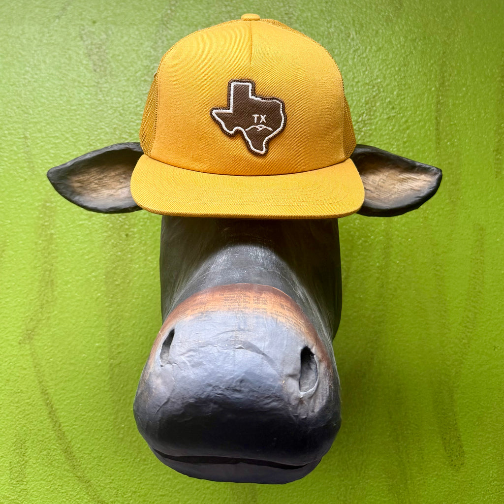THC Provisions Cap Heart of Texas in Mustard/Brown, with breathable mesh back panel, and adjustable snapback closure - HEART OF TX M. Available at Blair's Western Wear, Marble Falls, TX.