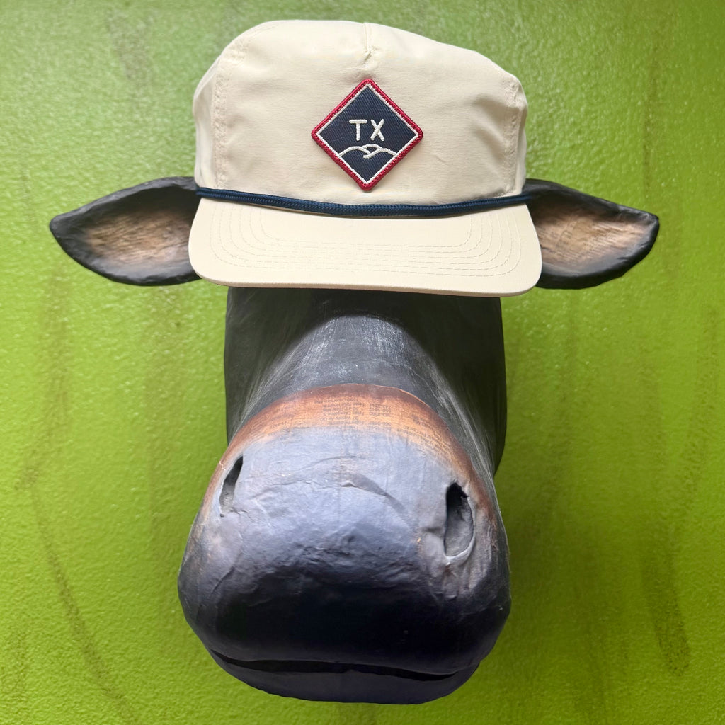 THC Provisions Hat TX Hill Diamond in Natural/Navy/Red, breathable nylon build for hot weather, with adjustable snapback closure for a custom fit – TX HILLS DIAMOND. Available at Blair's Western Wear, Marble Falls, TX.