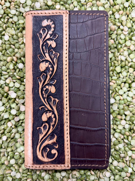Tackrus Challenger Checkbook Wallet in Natural/Chocolate Gator Print, built from genuine leather with multiple card slots, featuring a tooled floral overlay - 18RTW100R. Available at Blair's Western Wear, Marble Falls, TX.