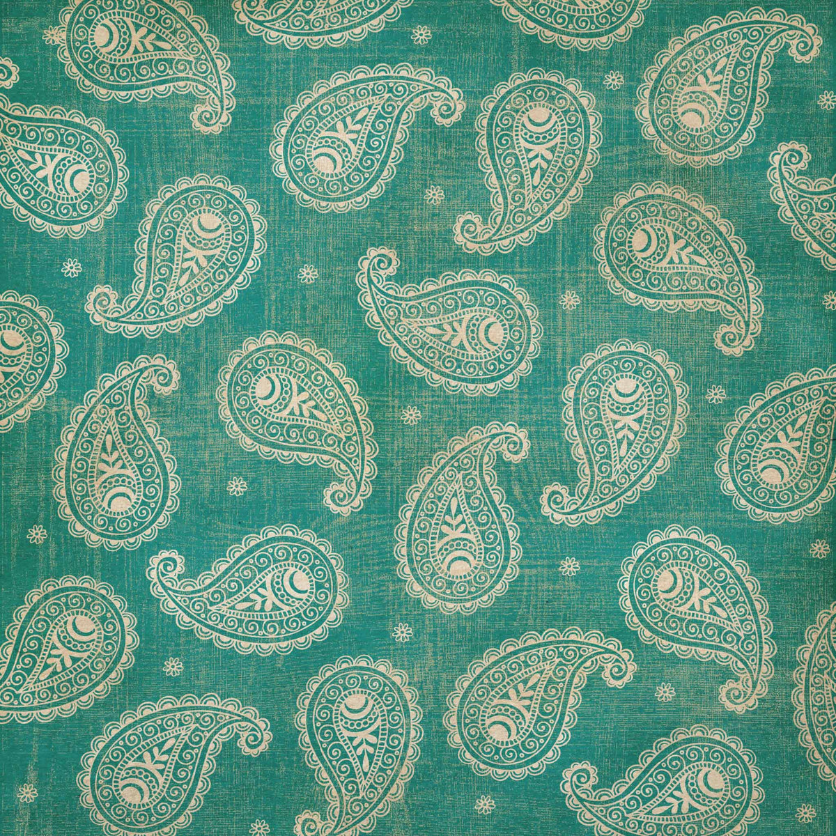 A close-up of a teal fabric with a repeating paisley pattern in cream and light beige.