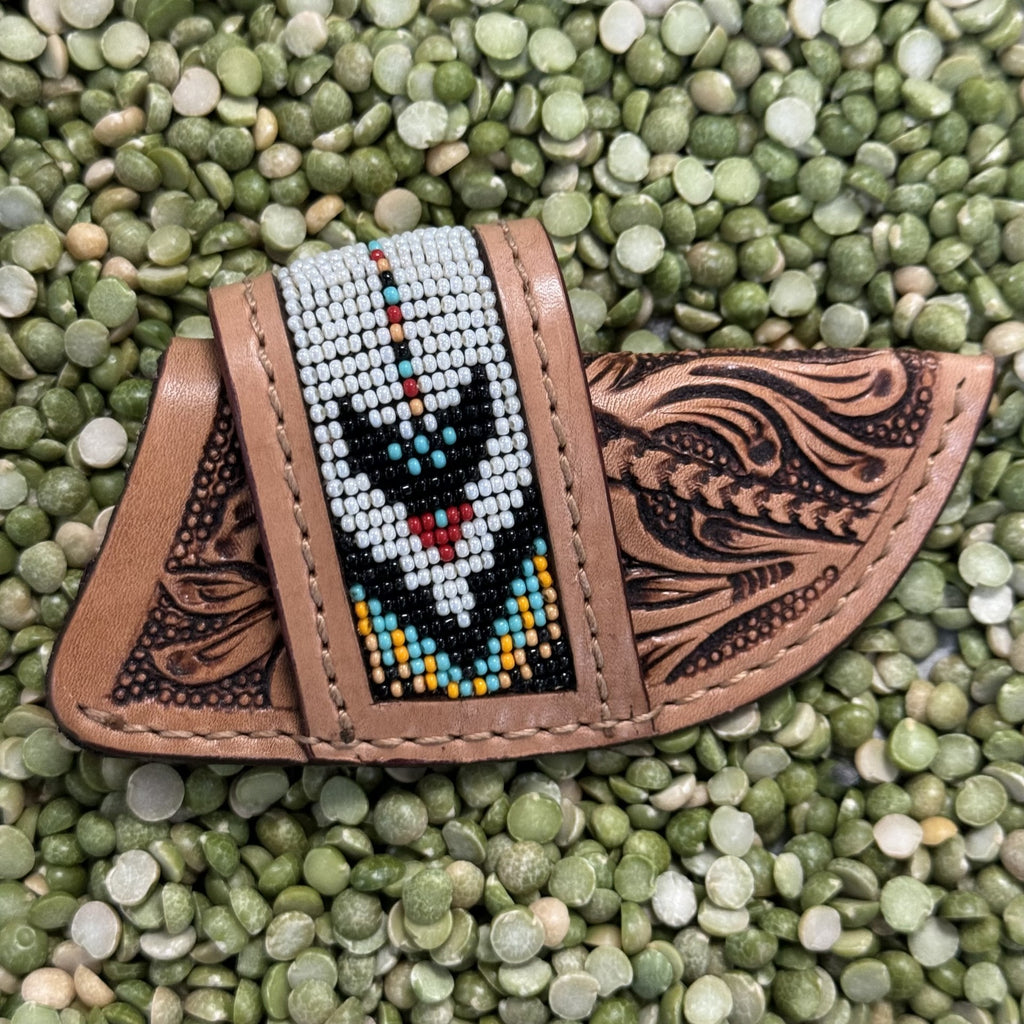 Tooled Leather Beaded Sheath in white, black, red, turquoise, and tan, intricately tooled with colorful beaded design and compact knife fit - 29RS97C. Available at Blair's Western Wear, Marble Falls, TX.