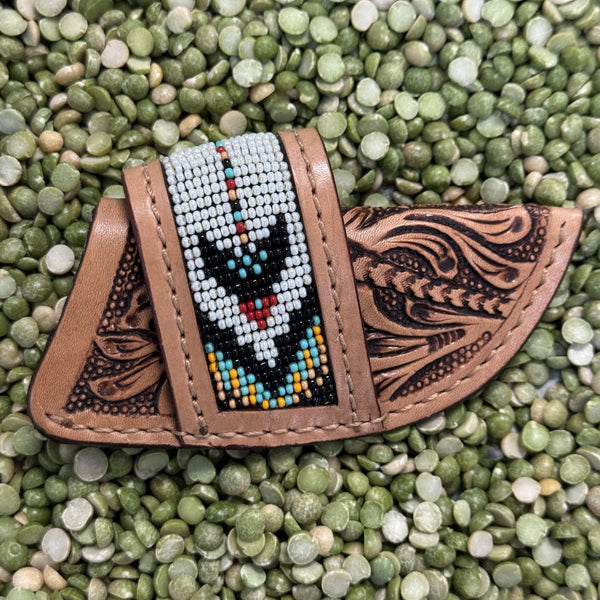 Tooled Leather Beaded Sheath in white, black, red, turquoise, and tan, intricately tooled with colorful beaded design and compact knife fit - 29RS97C. Available at Blair's Western Wear, Marble Falls, TX.