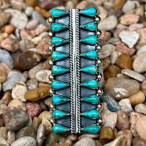 Turquoise & Sterling Silver cluster ring rectangular teardrop ring in blue, features multiple teardrop-shaped turquoise stones arranged in a bold vertical cluster for a striking silhouette, with adjustable band design allows for a flexible fit - T5184. Available at Blair's Western Wear, Marble Falls, TX.