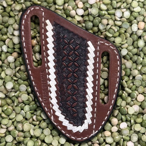 Men’s Twisted X Leather Tooled Sheath in brown and black, premium tooled leather with contrasting white lacing and reinforced belt loops - XKS166. Available at Blair's Western Wear, Marble Falls, TX.
