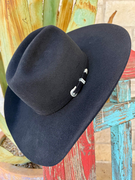 Unisex Bailey felt cowboy hat in black, crafted from 7X fur felt for lasting shape, with a 4½” rodeo crown and silver buckle hatband - W7XORB. Available at Blair's Western Wear, Marble Falls, TX.