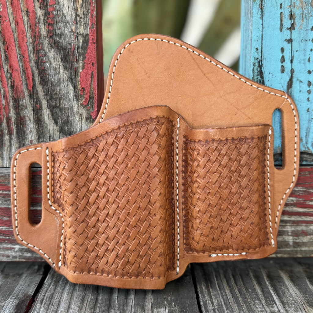 Unisex Basketweave Leather Gun Holster in tan, hand-tooled basketweave pattern with secure belt loop slots - GCOV182B. Available at Blair's Western Wear, Marble Falls, TX.
