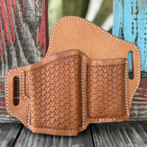 Unisex Basketweave Leather Gun Holster in tan, hand-tooled basketweave pattern with secure belt loop slots - GCOV182B. Available at Blair's Western Wear, Marble Falls, TX.