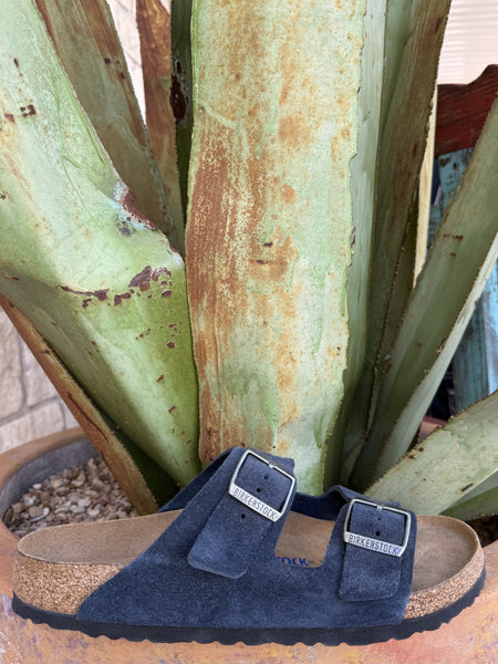 Unisex Blue Night suede sandal with two adjustable buckle straps, a contoured soft cork footbed, and lightweight EVA outsole — Blair's Western Wear Marble Falls TX