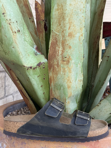 Olive green oiled nubuck leather sandal with two adjustable buckle straps, cushioned cork footbed, and lightweight EVA outsole — Blair's Western Wear Marble Falls TX