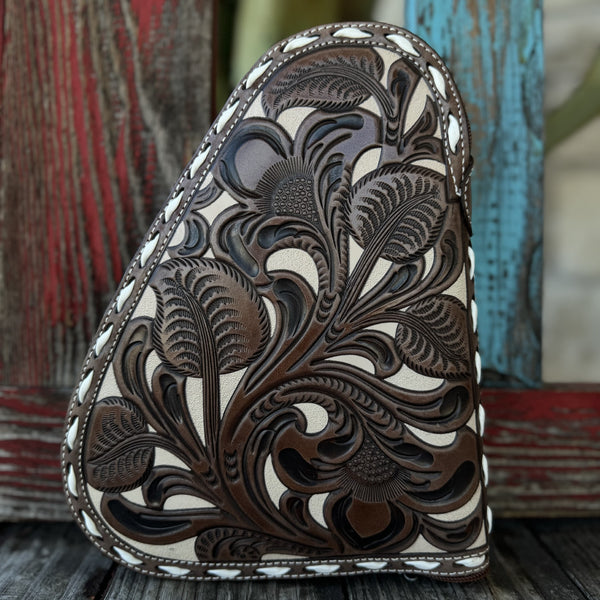  Unisex Hooey Gun Case Tan and Cream Floral Tooled Leather in tan and cream, hand-tooled leather design with fleece-lined interior - N7600412. Available at Blair's Western Wear, Marble Falls, TX.