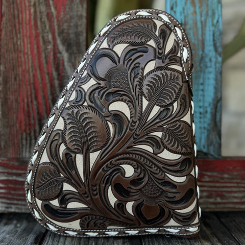  Unisex Hooey Gun Case Tan and Cream Floral Tooled Leather in tan and cream, hand-tooled leather design with fleece-lined interior - N7600412. Available at Blair's Western Wear, Marble Falls, TX.