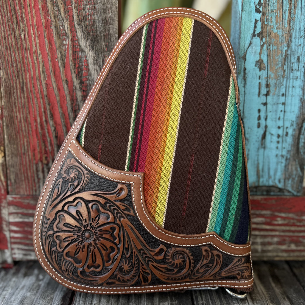 Unisex Nocona Gun Case in multicolor serape and brown leather, durable leather backing with hand-tooled floral corner overlay with soft fleece interior lining - N7600608. Available at Blair's Western Wear, Marble Falls, TX.