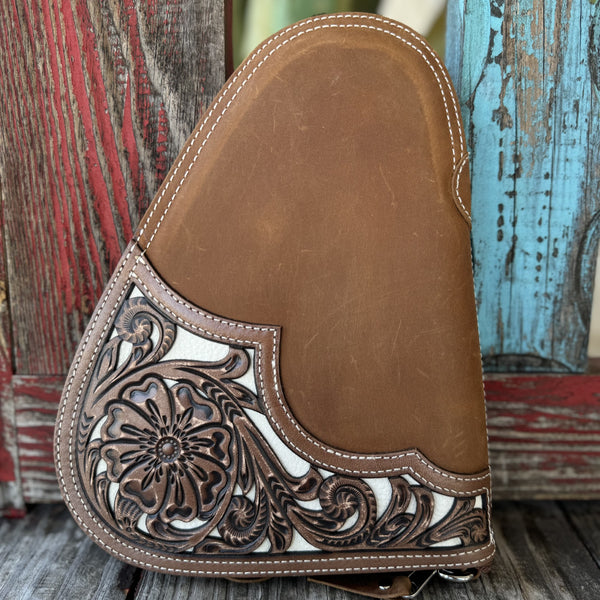 Unisex Western Gun Case in brown and white, intricately tooled leather overlay with soft fleece-lined interior and secure zip closure - N7600544. Available at Blair's Western Wear, Marble Falls, TX.