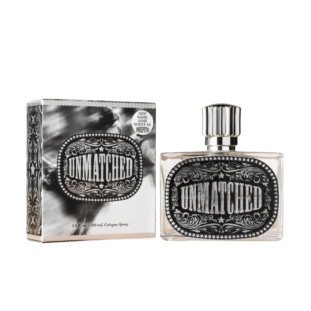 Men's Unmatched cologne spray 3.4 fl oz bottle with Western belt buckle label and gift box packaging — Blair's Western Wear Marble Falls TX

