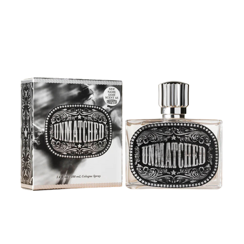 Men's Unmatched cologne spray 3.4 fl oz bottle with Western belt buckle label and gift box packaging — Blair's Western Wear Marble Falls TX

