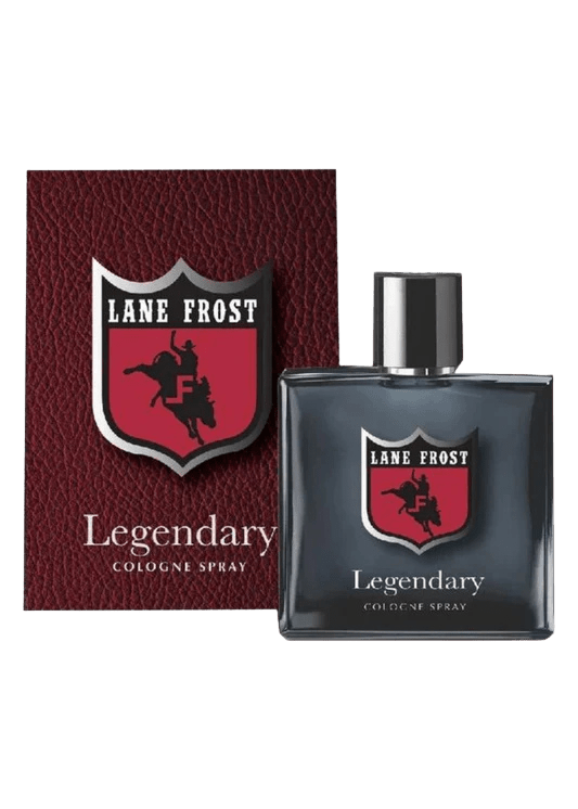 Men's Lane Frost Legendary 3.4 fl oz dark slate cologne bottle with red bull rider shield logo and rich dark brown gift box — Blair's Western Wear Marble Falls TX
