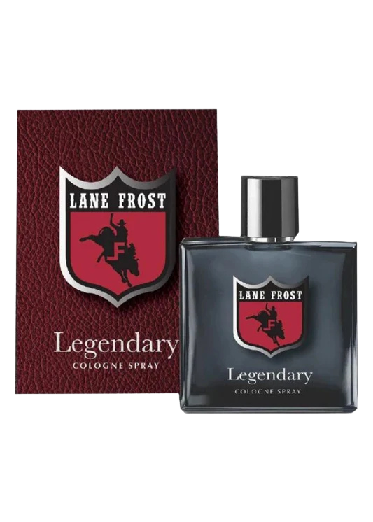 Men's Lane Frost Legendary 3.4 fl oz dark slate cologne bottle with red bull rider shield logo and rich dark brown gift box — Blair's Western Wear Marble Falls TX
