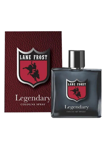 Men's Lane Frost Legendary 3.4 fl oz dark slate cologne bottle with red bull rider shield logo and rich dark brown gift box — Blair's Western Wear Marble Falls TX
