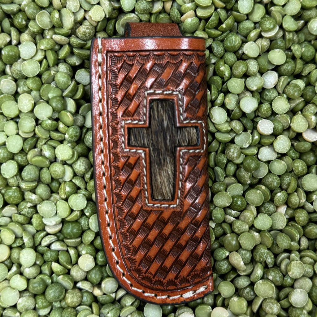 Cognac Basket weave with inlayed Cross Cowhide Western Tooled Knife Sheath K268