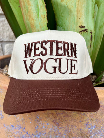 Western Vogue Cap in natural and chocolate, featuring a stylish two-tone design with an embroidered logo - VOGUE. Available at Blair's Western Wear, Marble Falls, TX.