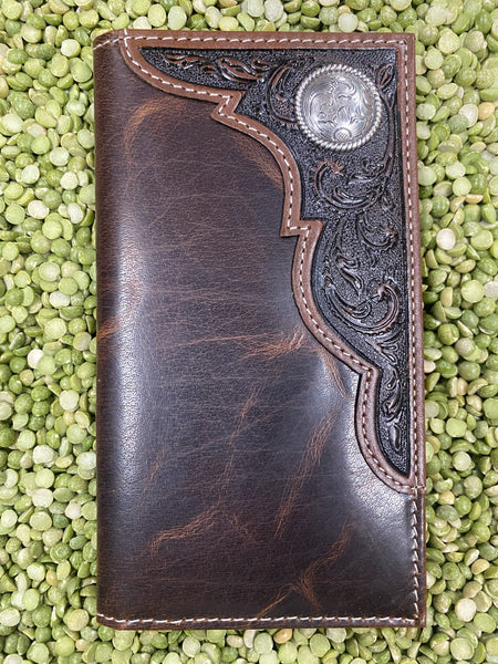 Dark Brown Leather Tooled Men's Checkbook Wallet - A3532208