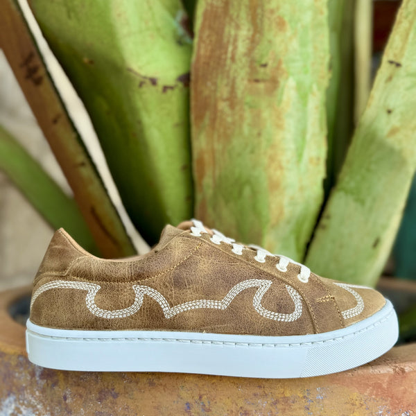 Women’s Agave Sky Skye Tennis Shoe in brown leather with white stitching, featuring a cushioned insole and classic low-top design – available at Blair's Western Wear, Marble Falls, TX.
