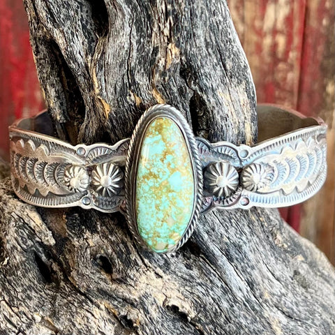 Women's Alzuni Silver Jewelry Cuff in silver, expert craftsmanship with intricate detailing and a prominent turquoise oval centerpiece - ALCUFFOVAL. Available at Blair's Western Wear, Marble Falls, TX.