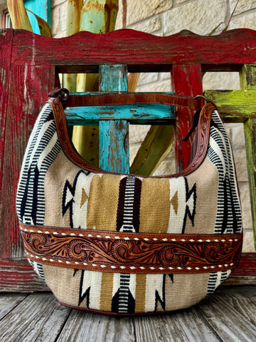 Women’s American Darling blanket scoop purse in brown/tan/black, featuring a soft handwoven body and supportive tooled leather trim - ADBGZ3101. Available at Blair's Western Wear, Marble Falls, TX.