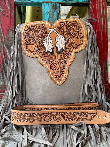 Women’s American Darling crossbody fringe leather purse in gray, crafted from soft suede leather for comfortable daily wear, with hand-tooled leather flap featuring floral tooling and feather overlay - ADBGA431C. Available at Blair's Western Wear, Marble Falls, TX.
