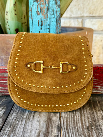 Women's American Darling Crossbody Suede Purse in Tan, crafted from genuine suede leather for a soft durable feel, with gold horsebit hardware accent and decorative stud detailing - ADBGM852. Available at Blair's Western Wear, Marble Falls, TX.