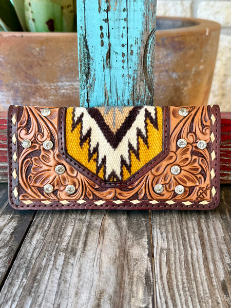 Women's American Darling Leather Western Wallet in Natural Brown, hand-tooled leather with basket-weave texture, with Southwestern wool blanket inlay centerpiece - ADBG1226. Available at Blair's Western Wear, Marble Falls, TX.