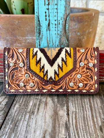 Women's American Darling Leather Western Wallet in Natural Brown, hand-tooled leather with basket-weave texture, with Southwestern wool blanket inlay centerpiece - ADBG1226. Available at Blair's Western Wear, Marble Falls, TX.