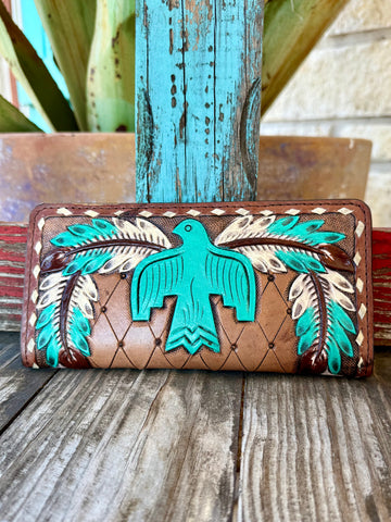 Women's American Darling Leather Wallet Thunderbird Tool Wallet in Brown, hand-tooled genuine leather with turquoise thunderbird design, with multiple card slots and secure snap coin pocket - OHG177. Available at Blair's Western Wear, Marble Falls, TX.