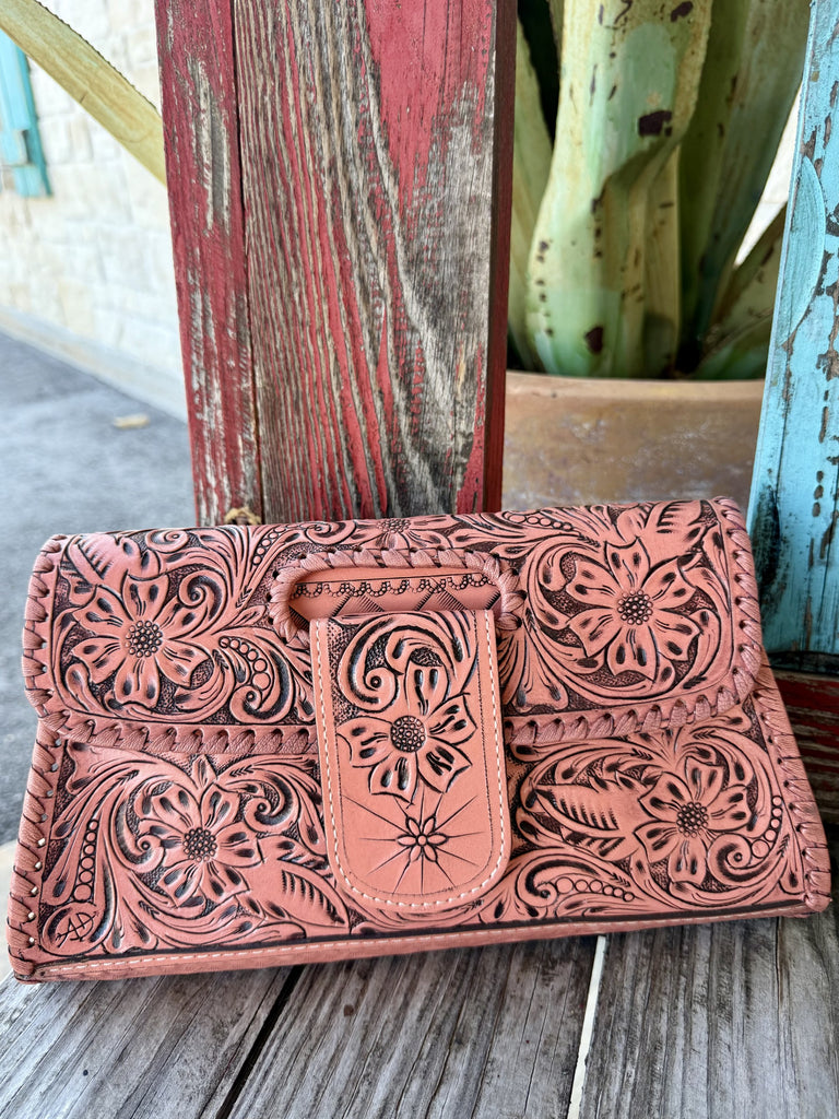 Women's American Darling pink tooled leather clutch wallet with removable wrist strap and whipstitch edge detail — Blair's Western Wear Marble Falls TX