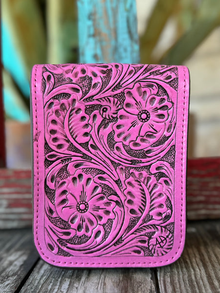 Women’s American Darling leather crossbody in pink, hand-tooled floral design, slim profile with secure closure — ADBG1135C. Available at Blair’s Western Wear, Marble Falls, TX.