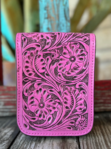 Women’s American Darling leather crossbody in pink, hand-tooled floral design, slim profile with secure closure — ADBG1135C. Available at Blair’s Western Wear, Marble Falls, TX.