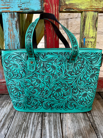 Women’s American Darling tote zip tote in turquoise, genuine leather floral tooling for textured Western style, with secure top zip closure for protected everyday carry - ADBG1141D. Available at Blair's Western Wear, Marble Falls, TX.