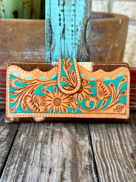 Women's American Darling Wallet Checkbook Wallet in Tan & Turquoise, hand-tooled leather floral design with turquoise inlay, with genuine hair-on hide back panel - ADBG487TANTRQI. Available at Blair's Western Wear, Marble Falls, TX.