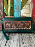 Women’s American Darling wristlet clutch in green, crafted from genuine leather for durable everyday use, with a hand-tooled floral leather panel for Western detail – ADBGZ266. Available at Blair's Western Wear, Marble Falls, TX.