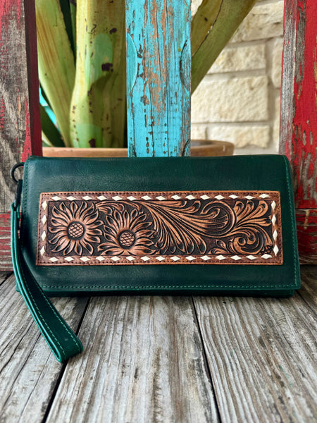 Women’s American Darling wristlet clutch in green, crafted from genuine leather for durable everyday use, with a hand-tooled floral leather panel for Western detail – ADBGZ266. Available at Blair's Western Wear, Marble Falls, TX.