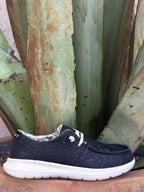 Women's black tooled leather slip-on shoe with no-tie laces and a low-profile sole — Blair's Western Wear Marble Falls TX