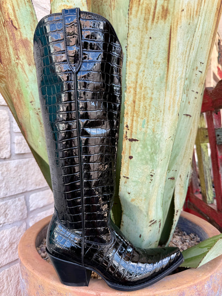 Women’s Ariat Casanova black croc print Western boot, crafted from premium leather with a tall 16” shaft, snip toe, and inside zipper for easy wear – 10063992. Available at Blair's Western Wear, Marble Falls, TX.