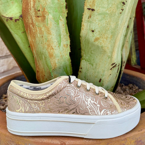Women’s Ariat casual shoe in pearl floral emboss, crafted from full-grain embossed leather with a cushioned FLX Foam™ midsole and platform outsole for all-day comfort – 10063887. Available at Blair’s Western Wear, Marble Falls, TX.