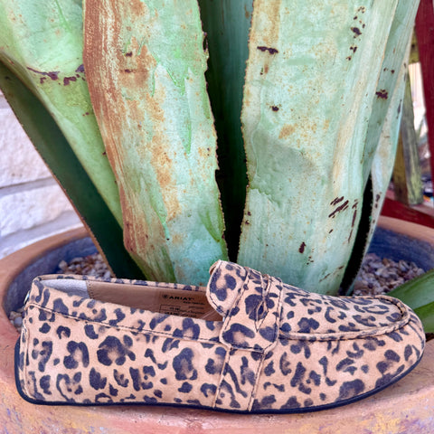Women’s Ariat cheetah moccasin shoe in tan cheetah suede, cushioned insole for added comfort, with flexible rubber outsole for confident traction – 10061291. Available at Blair’s Western Wear, Marble Falls, TX.