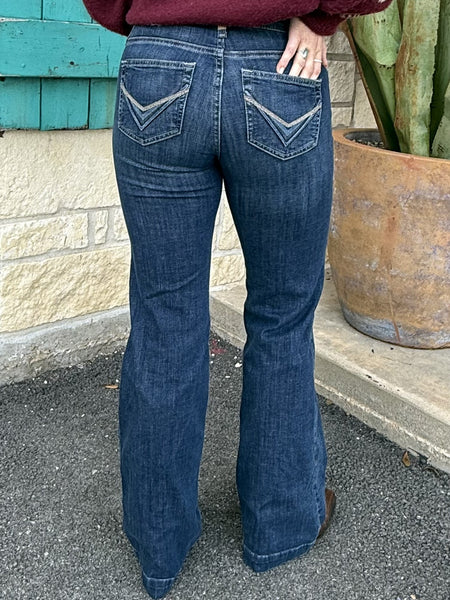 Women’s Ariat Jeans Bootcut Denim in dark wash, flattering bootcut silhouette with embroidered back pockets - 10072977. Available at Blair's Western Wear, Marble Falls, TX.