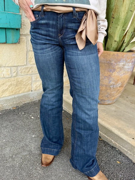 Women's Ariat dark wash wide leg jean 10072974 front view showing mid-rise fit and wide leg silhouette over western boots — Blair's Western Wear Marble Falls TX