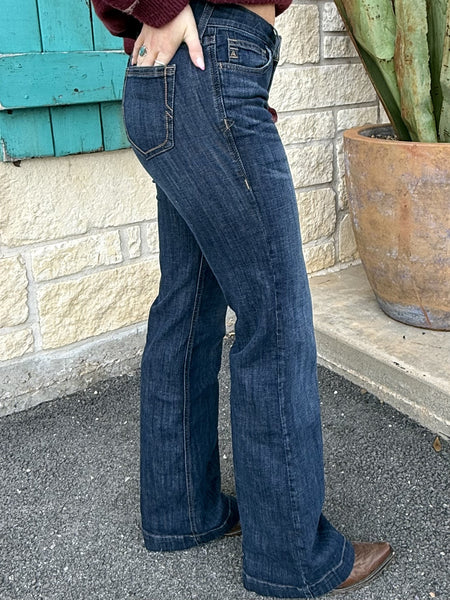 Women’s Ariat Jeans Wide Leg Denim in dark wash, flattering wide leg silhouette with stretch denim comfort - 10072974. Available at Blair's Western Wear, Marble Falls, TX.