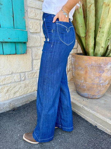 Women's Blue Denim Ariat Jeans - Ultra High Rise Bria Wide Leg in Low Dip Rinse, featuring a contoured waistband and vintage Western details - 10053539. Available at Blair's Western Wear, Marble Falls, TX.