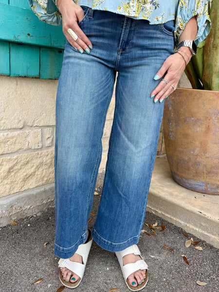Women’s Ariat jeans cropped wide leg denim jeans in medium wash, comfortable stretch denim with classic five-pocket styling - 10072963. Available at Blair's Western Wear, Marble Falls, TX.
